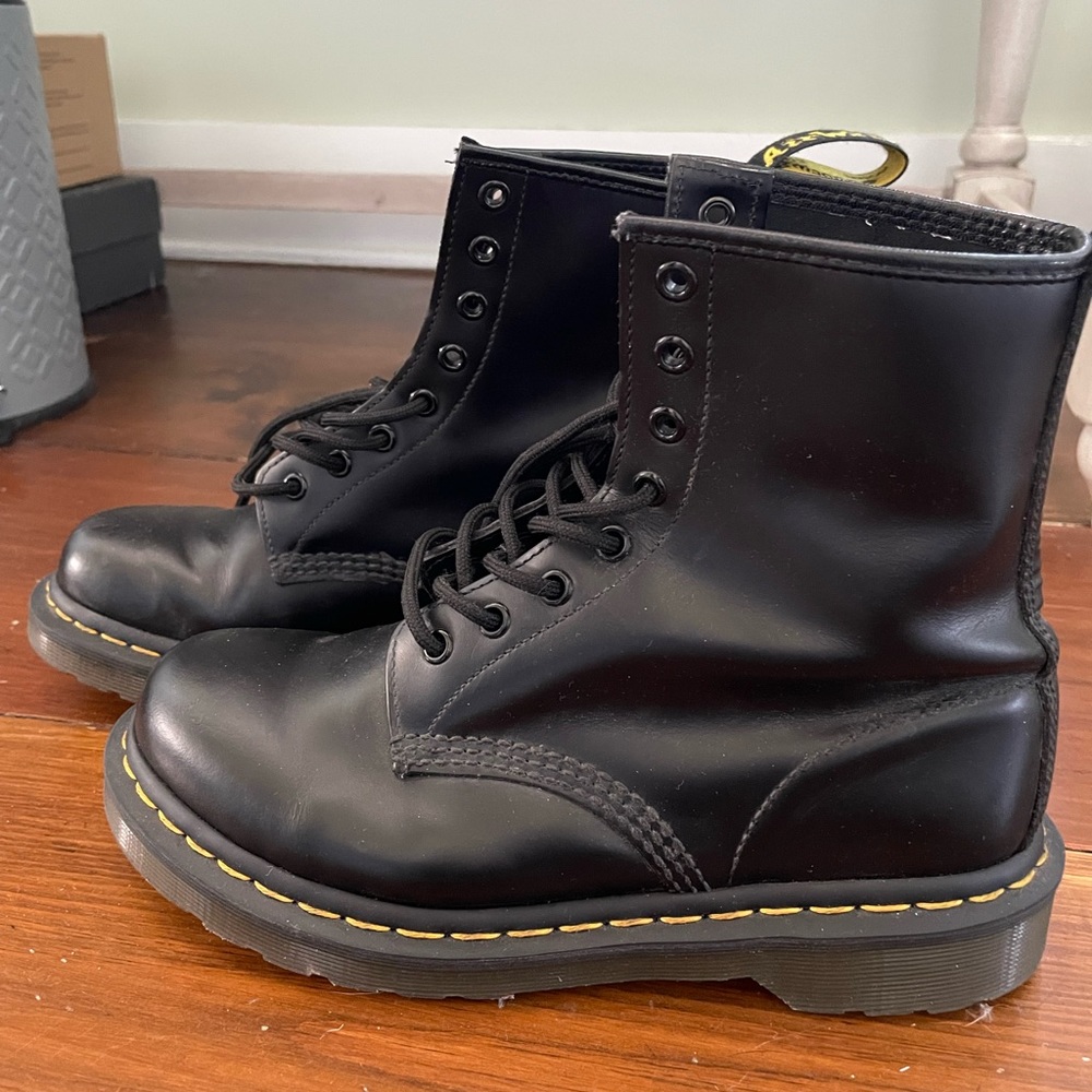 Dr. Martens Black Leather Combat Boots with Yellow Stitching - Picture 8 of 15